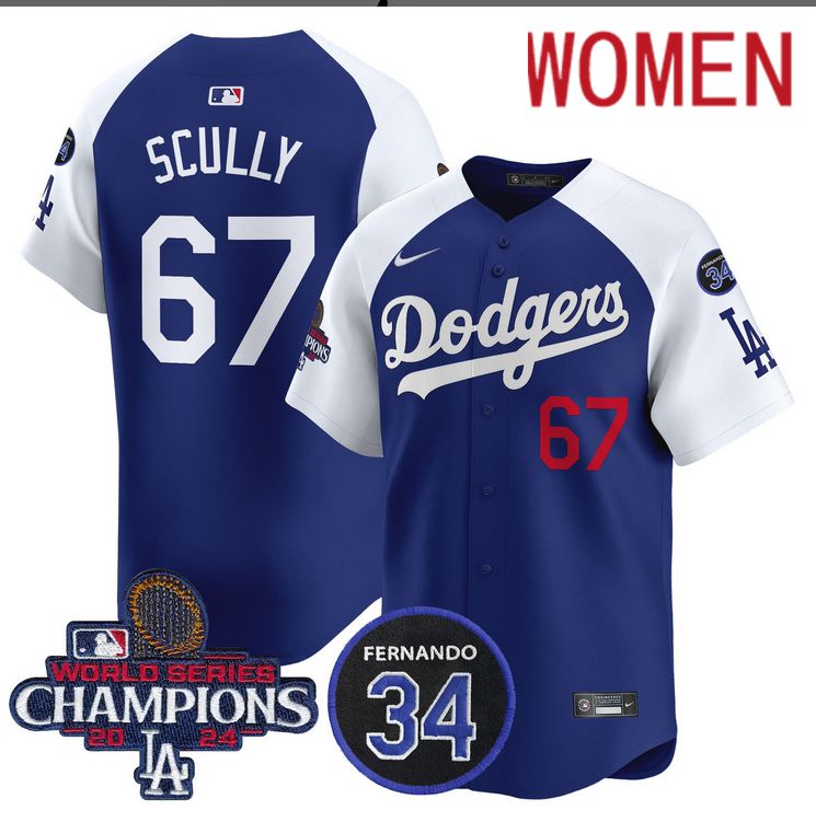 Women MLB Los Angeles Dodgers #67 Scully blue 2024 World Series Champions Patch Limited Jersey